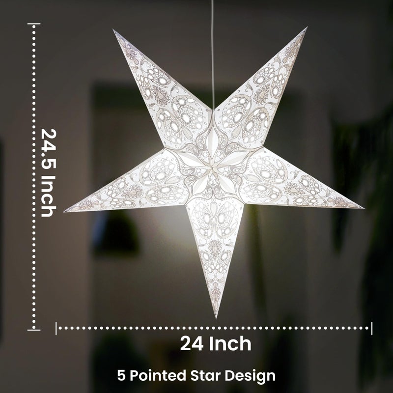 GalaxyArts Paper Star Lantern, 24 Inch Maharani White 3D 5-Point Light-Up Hanging Lamp, Handcrafted Hollow Decoration for Christmas, Weddings, Holidays, Birthday, Indoor Outdoor Party Home DÃ©cor - Image 2